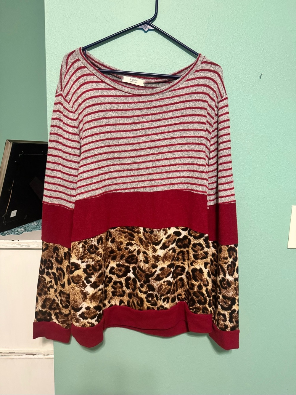 Striped & Leopard-Panel Pullover Sweater in Grey and Red